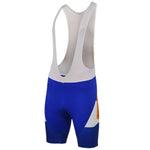 The Rabobank Bib Shorts feature a blue and white color-blocked retro design with stretchy polyester, white shoulder straps, and an orange detail on the side. They include a gel pad seat for optimal comfort on long rides. Shown from the back.