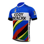 Eddy Merckx Retro Cycling Jersey: Features include blue shoulders and sleeves, colorful front stripes, logos on the chest and sleeves, and a vertical front zipper to the collar.