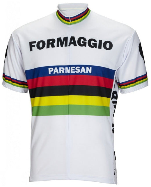 The Formaggio Parmesan 1965 World Championships Retro Cycling Jersey is mainly white with black, blue, red, yellow, and green horizontal stripes. The chest displays the iconic Formaggio and Parmesan, encapsulating a classic cycling style.