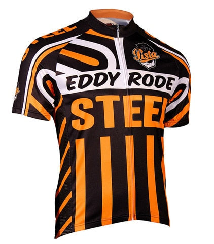 The Eddy Rode Steel Retro Cycling Jersey is crafted from lightweight polyester, showcasing bold black and orange stripes with the name Eddy Rode and STEEL prominently featured, along with a small logo on the upper chest.