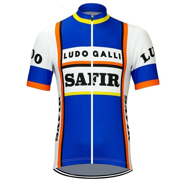 The Safir Ludo Galli Retro Cycling Jersey boasts a white base with blue, orange, and yellow stripes. It prominently features Safir Ludo Galli in black to honor the iconic Belgian cycling team. Blue sleeves with white and black accents add a classic touch.