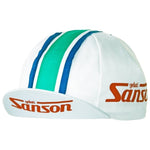 The Gelati Sanson Retro Cycling Cap boasts a classic design with blue and teal stripes on a vintage white base, and its brim prominently features the nostalgic red text Gelati Sanson.