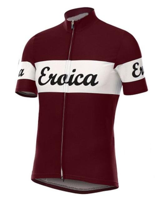 The maroon Eroica Retro Cycling Jersey features short sleeves and a white horizontal stripe with Eroica in black cursive. Made from lightweight polyester, it includes a full front zipper for comfort, ideal for fans of vintage cycling flair.