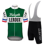 The Helyett Leroux Retro Cycling Jersey Set features a green jersey with white and black accents, Helyett Leroux branding, and red, white, and blue sleeve stripes, paired with breathable black shorts with mesh straps for a vintage-inspired look.