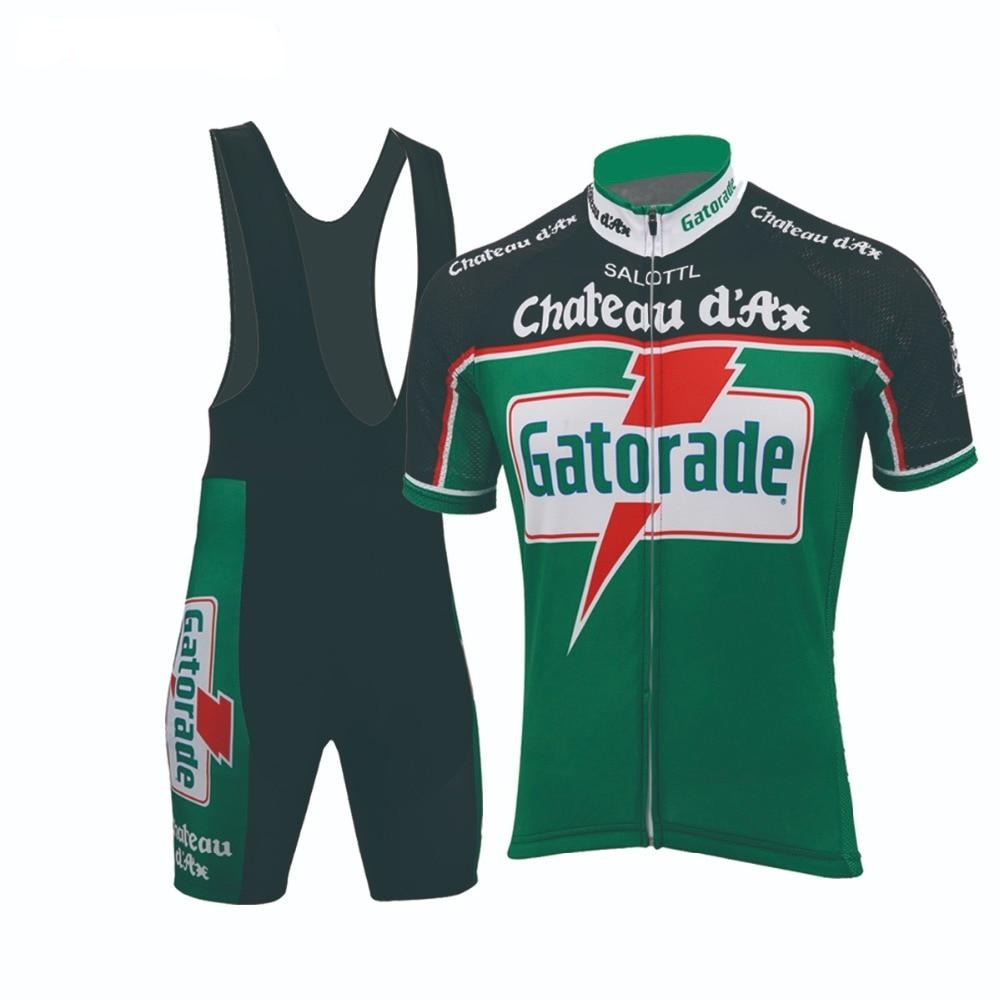 The Chateau dAx Gatorade Retro Cycling Jersey Set includes a green top and black bib shorts with logos, featuring a front-zip short-sleeve jersey and gel seat pad shorts with matching green panels for comfort and style.