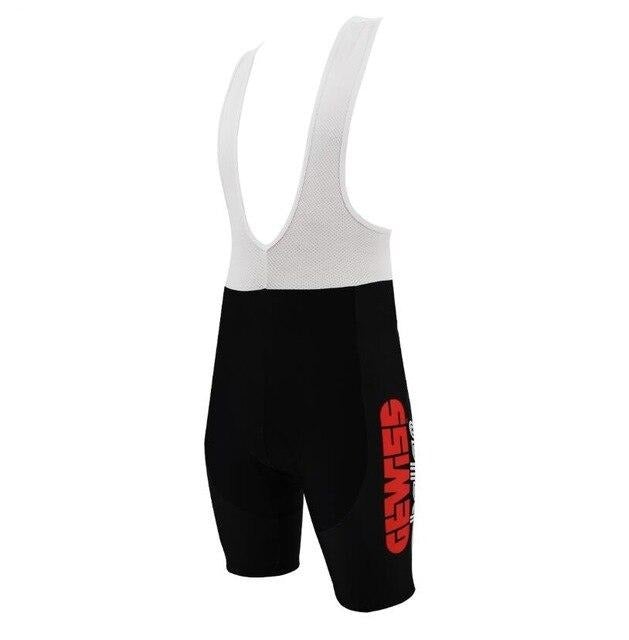 The Gewiss-Ballan Bib Shorts have black shorts featuring a red GEWISS logo on the side, a white mesh upper with shoulder straps, and a gel pad seat for comfort during long rides.