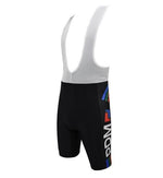 Équipe Cycliste PDM (Chrome Cassettes) Bib Shorts feature a black retro design with white mesh suspenders and PDM on the side. They include rainbow stripes in blue, red, and green, paying homage to Équipe Cycliste PDM, and come with a gel pad seat for enhanced comfort on long rides.
