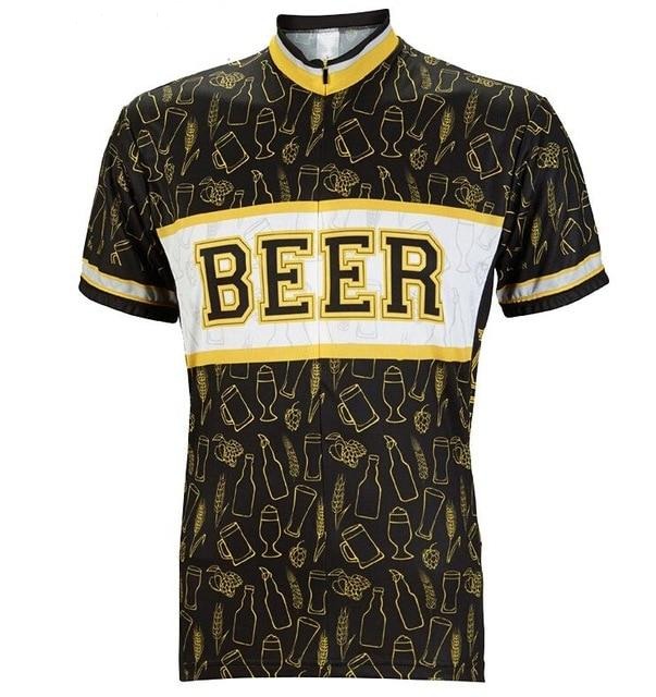 The Yellow Beer Cycling Jersey, made from lightweight polyester, showcases BEER in bold yellow on a striped white and yellow band. It features playful patterns of beer bottles, glasses, and hops to ensure a fun and cool ride.