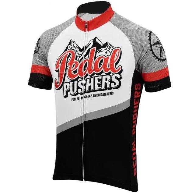 The Pedal Pushers Cycling Jersey, made from lightweight polyester, features Pedal Pushers text and a mountain graphic. With bike component designs, it humorously declares Fueled by cheap American beer! in black, white, red, and gray for optimal performance.