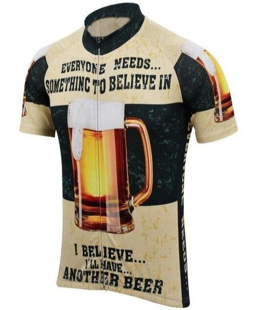 Discover the Believe in Beer Cycling Jerseyβcrafted from breathable, lightweight polyester. This short-sleeve jersey features vibrant beer mug images and the motto: Everyone needs something to believe in. I believe... Ill have another beer, all set in beige, black, and amber hues.
