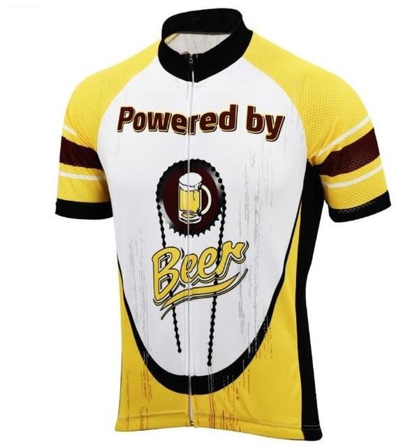 The Powered by Beer Cycling Jersey features lightweight polyester in yellow, white, and black. Its front shows a beer mug inside a bike chain and boasts Powered by Beer. The sleeves have stylish yellow and gold stripes.