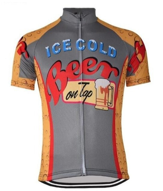 The Ice Cold Beer Cycling Jersey is made from lightweight polyester, displaying Ice Cold Beer on Tap and a cheerful beer mug graphic. Its frothy design on the sleeves and sides adds style, while breathable fabric ensures comfort on every ride.
