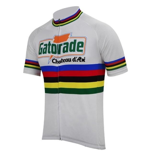 The Chateau dAx Gatorade Retro Cycling Jersey is white with colorful horizontal stripes on the chest and sleeves. It features front logos for Gatorade and Chateau dAx, plus a full front zipper for easy wear.