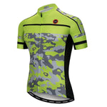 Meet the Green Camouflage Cycling Jersey: a lightweight, short-sleeved polyester design with a bright green and gray camo pattern plus black accents. It features a full front zipper and a small chest emblem, ideal for cycling enthusiasts.