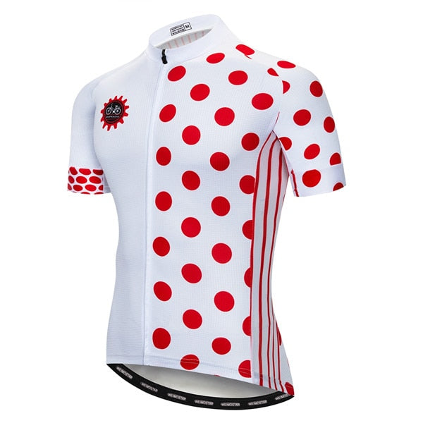 The KOM Retro Cycling Jersey boasts a white base with large red polka dots, small black bicycle logo on the chest, and bold red stripes on sides and sleeves. This sleek, fitted jersey is made from lightweight polyester and features a practical front zipper for the King of the Mountain look.