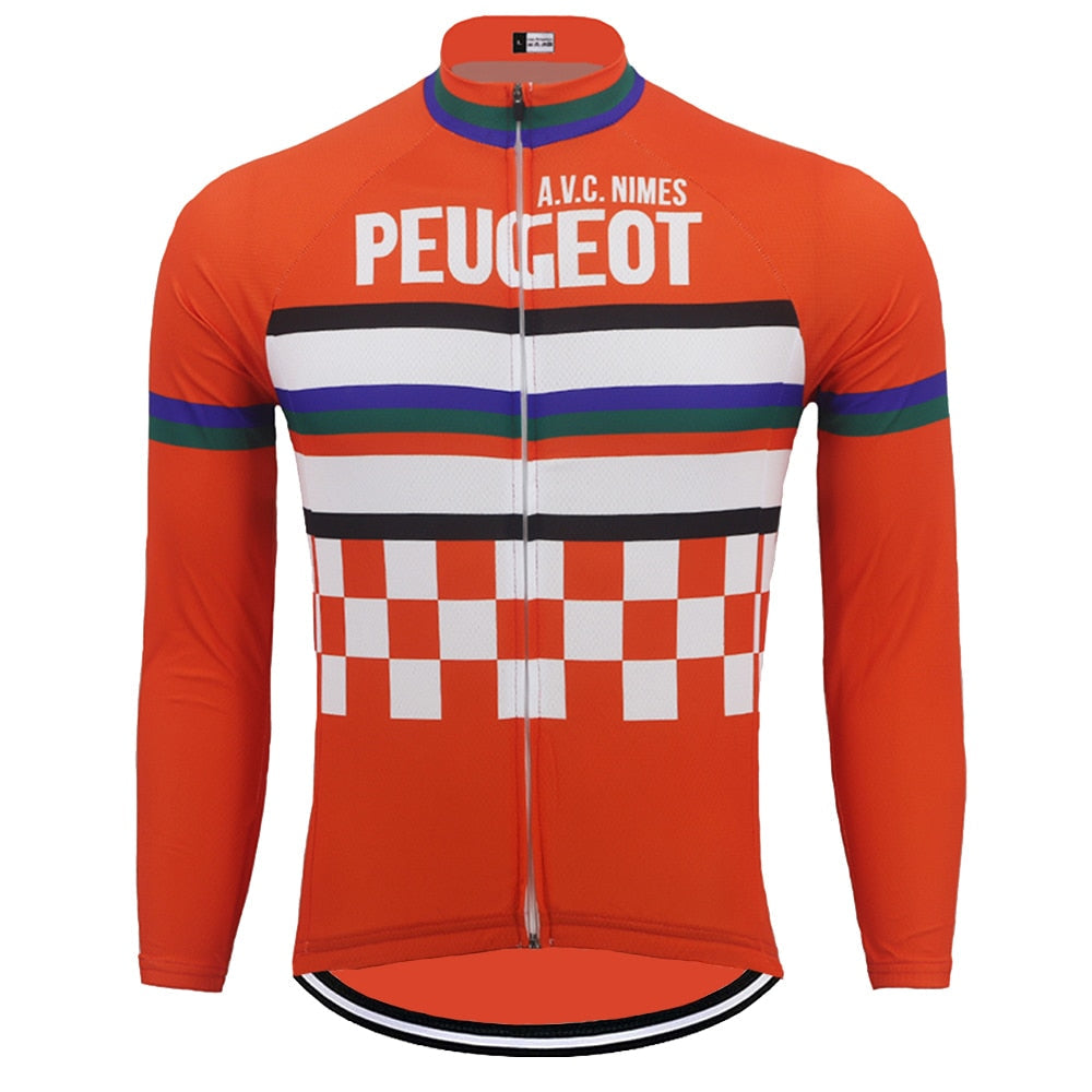 The Peugeot A.V.C. Nimes Retro Cycling Jersey, in vibrant orange with long sleeves, features PEUGEOT and A.V.C. NIMES on the front, horizontal stripes in white, black, blue, red, and a classic checkerboard pattern at the bottom.