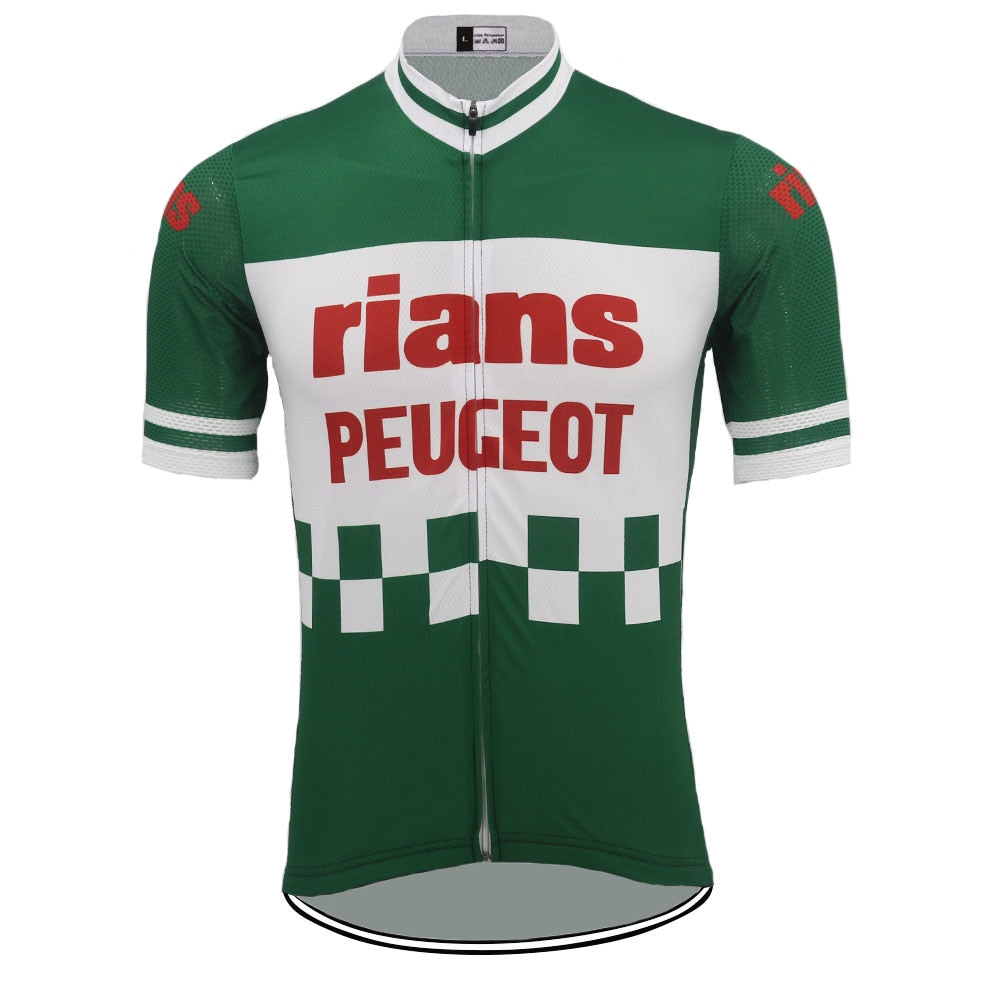 The Rians Peugeot Retro Cycling Jersey is crafted from lightweight polyester and features a green and white design with rians PEUGEOT in red and black text. It includes a zippered front and checkerboard pattern at the bottom, perfect for ultimate performance cycling.
