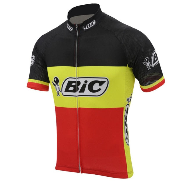 The BIC Belgium Short Sleeve Retro Cycling Jersey features iconic black, yellow, and red bands along with the classic Bic logo on the chest and sleeves, celebrating the legendary Jacques Anquetil era.