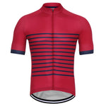 The Striped Lines Retro Cycling Jersey is a red, short-sleeved retro jersey with navy blue horizontal stripes. Crafted from lightweight polyester, it features a full-length front zipper and breathable fabric to enhance ride efficiency.