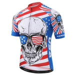 Introducing the USA Skull Cycling Jersey, made from breathable polyester. It features a skull with American flag sunglasses, red and white stripes, blue stars, USA, and the brand name on the sides. The jersey includes short sleeves and a front zipper for comfort while cycling.