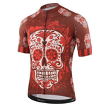 The Red Skull Cycling Jersey is a lightweight polyester jersey featuring a striking red and white sugar skull design on the front, set against a rich brown background with smaller skulls and floral motifs. It includes a full-length front zipper for easy wear.