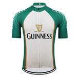 Presenting the Guinness Retro Cycling Jersey Green, made from lightweight polyester with a green and white design featuring the iconic Guinness and golden harp logo on the front. This breathable jersey ensures comfort for every ride.