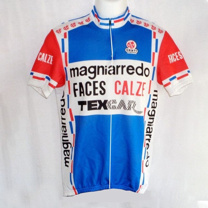 The Magniarredo-Faces-Calze-Texcar Retro Cycling Jersey features blue and white vertical and horizontal stripes with red accents, logos like MAGNIARREDO, FACES, and TEX, a circular chest logo, and a silicone waist strip for a superior fit. Made from lightweight polyester.