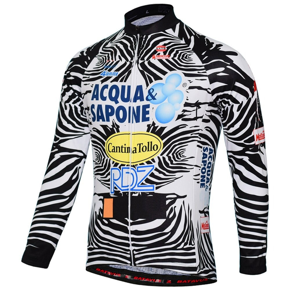 Discover the Acqua Sapone Cantina Tollo Zebra Retro Cycling Jersey, a bold black-and-white zebra-print style featuring Cantina Tollo and RDZ logos for a striking ride.