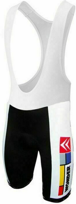 The La Vie Claire Bib Shorts are white and black with a retro design, featuring color-block accents in red, yellow, and gray inspired by La Vie Claire. They have a geometric logo and comfortable shoulder straps.