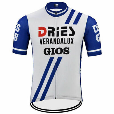The Dries Verandalux Retro Cycling Jersey features a classic design with DRIES VERANDALUX GIOS prominently on the front. It combines predominantly white fabric with blue sleeves and stripes, finished with a zippered front for style and convenience.