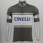Displayed on a clear mannequin, the Cinelli Grey Retro Cycling Jersey is crafted from lightweight polyester. CINELLI in blue adorns the front and sleeves, with a zippered front adding to its vintage charm.