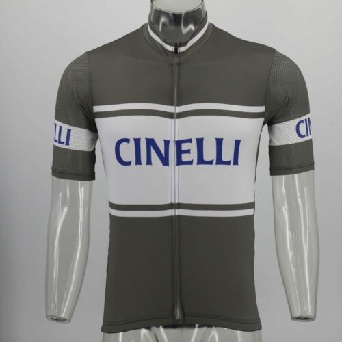 Displayed on a clear mannequin, the Cinelli Grey Retro Cycling Jersey is crafted from lightweight polyester. CINELLI in blue adorns the front and sleeves, with a zippered front adding to its vintage charm.