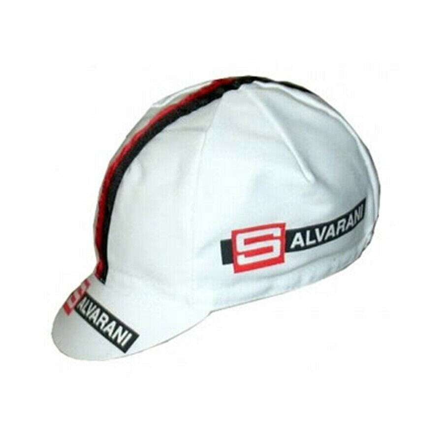 The Salvarani Retro Cycling Cap features a classic white design with black and red center stripes. SALVARANI is displayed on both the side and brim, accompanied by a vintage red and black S logo, capturing the retro essence perfectly.