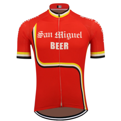Discover the San Miguel Red Beer Cycling Jersey featuring black, yellow, and white stripes. It includes a full zip closure and high collar for optimal comfort.