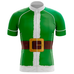 Introducing our Green Santa Cycling Jersey, a Christmas-themed short-sleeve cycling jersey made from lightweight polyester. It mimics an elf costume with white trim and a faux brown belt with a large yellow buckle, featuring a front zipper for comfort and performance.
