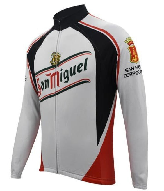 The San Miguel Beer Cycling Jersey features San Miguel branding and a crest, made from lightweight polyester. Available in black, white, and red, it features long sleeves, a front zipper, and the San Miguel Corporation logo on the sleeve. A fleece-lined version is available for cooler rides.