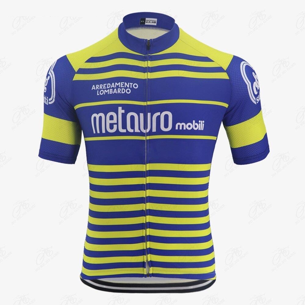 The Metauro Mobili Retro Cycling Jersey is made of lightweight polyester and features horizontal blue and yellow stripes, short sleeves, and a full-length front zipper. White Metauro Mobili and Arredamento Lombardo logos and text adorn the chest and sleeves.