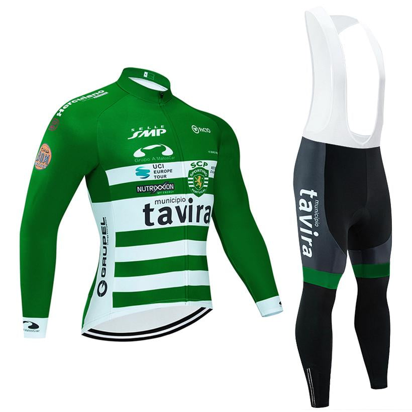 The Sporting-Tavira Cycling Jersey Long Set (with fleece option) features a green and white jersey with logos and Tavira text, paired with black bib tights accented in green and white, for a nostalgic aesthetic.
