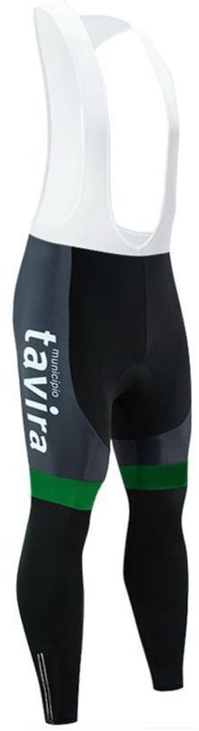 Sporting-Tavira Leggings feature black and gray fabric with green calf accents, evoking a retro cycling jersey. They include white leg text and shoulder straps, available in a fleece-lined version for added warmth.
