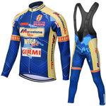The Mercatone Uno Wega Retro Cycling Jersey Long Set features blue and yellow long-sleeved jersey and matching bib tights, with classic Mercatone Uno Wega logos, a zipper front, and mesh back.