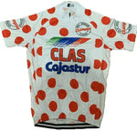 The CLAS–Cajastur King of the Mountains Retro Cycling Jersey features large red polka dots, sponsor logos, a colorful chest stripe design, and a full-length front zipper.