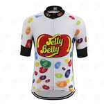 Experience vibrant rides with Jelly Belly Cycling Jerseys, featuring a colorful jelly bean design, bold red and yellow Jelly Belly logo, multicolored beans, and sleek black accents on the sleeves and collar.