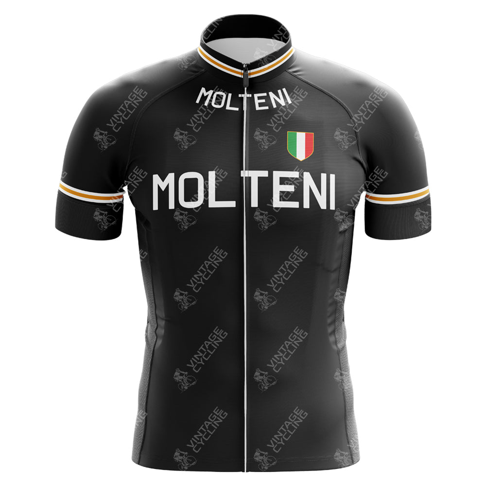 The Molteni Short Sleeve Retro Cycling Jersey features Molteni in bold white across the chest and collar, an Italian flag emblem on the left side, and vibrant orange-white striped sleeves. Its a tribute to vintage cycling and Eddy Merckxs legendary era.