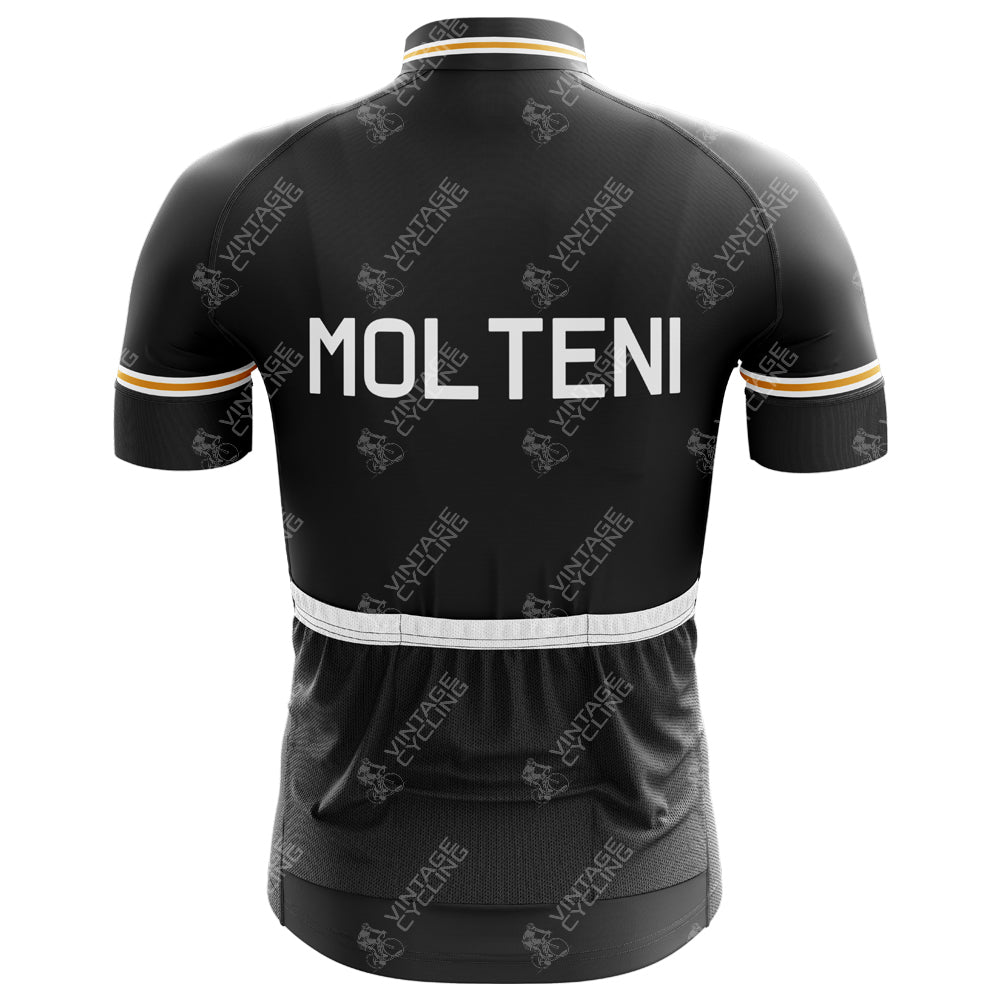 The Molteni Short Sleeve Retro Cycling Jersey features a back view design with MOLTENI in bold white letters resembling Eddy Merckxs era. It has yellow and white sleeve stripes and a textured fabric, capturing vintage cycling vibes.