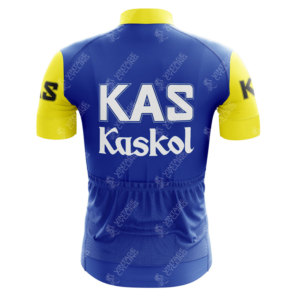 The image displays the back of a KAS Kaskol Retro Cycling Jersey made from lightweight polyester. This blue and yellow jersey features KAS and Kaskol, with yellow sleeves and collar, and subtle bicycle logos, embodying performance cycling apparel.