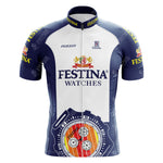 The Festina Watches Retro Cycling Jersey is crafted from lightweight polyester, featuring a large stopwatch graphic on the front. This navy and white jersey showcases sponsor logos like Peugeot on the sleeves and chest.