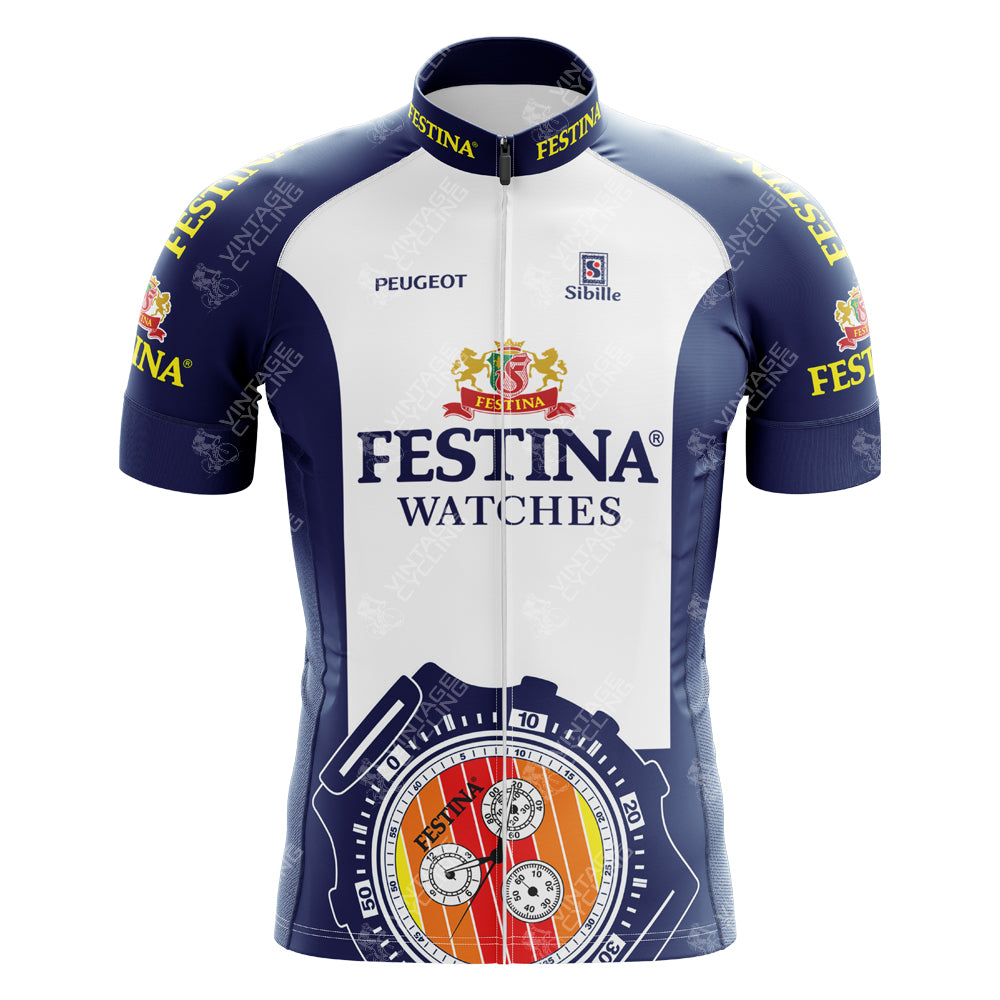 The Festina Watches Retro Cycling Jersey is crafted from lightweight polyester, featuring a large stopwatch graphic on the front. This navy and white jersey showcases sponsor logos like Peugeot on the sleeves and chest.