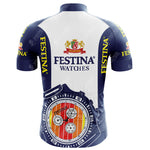 The Festina Watches Retro Cycling Jersey features a rear view design in blue, white, and red with FESTINA WATCHES logos and watch dial imagery on the lower back. Made from lightweight polyester, it has blue collar and sleeves adorned with bold yellow FESTINA text.
