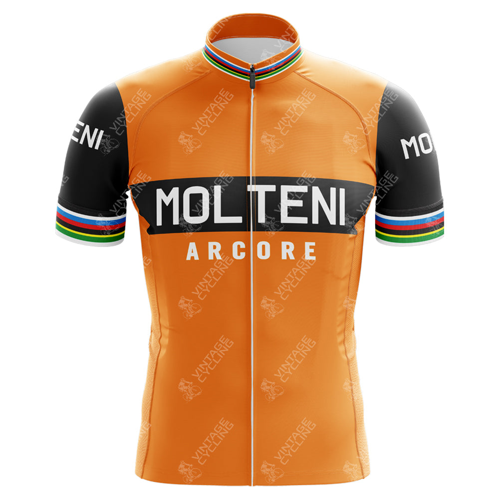 The Molteni Arcore Short Sleeve Retro Cycling Jersey features a vibrant orange color with MOLTENI ARCORE on the front, black sleeves with rainbow stripes near the cuffs, and a similarly adorned collar, emulating Eddy Merckxs iconic style.