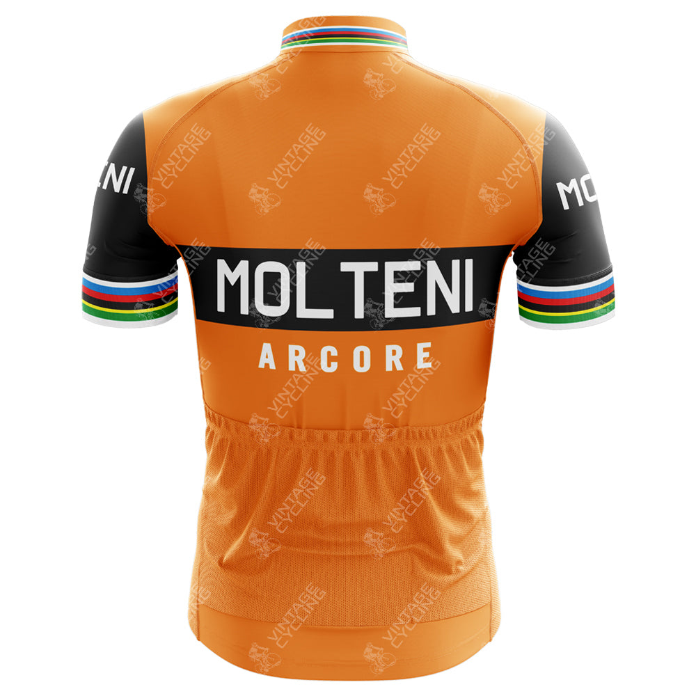 The Molteni Arcore Short Sleeve Retro Cycling Jersey features a rear view in orange with black sleeves. MOLTENI ARCORE is displayed on a horizontal stripe, honoring Eddy Merckx, while colorful stripes accentuate the cuffs and collar. Three pockets at the bottom add practicality.